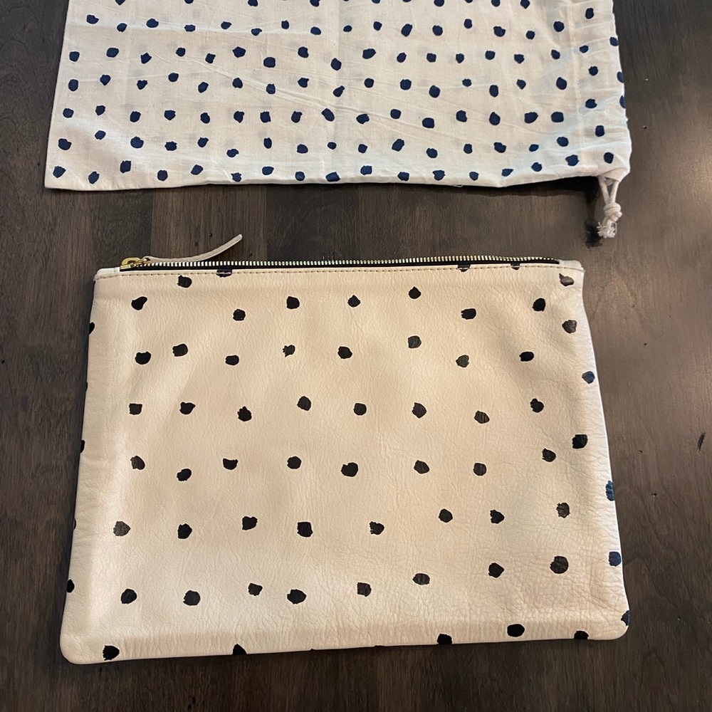 Clare V ivory/navy polka dot leather clutch